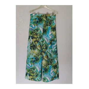Aqua Green Printed Wide Leg Pants Beach Size L High Rise Multicolor